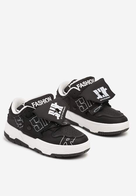 Czarne Sneakersy na Płaskiej Podeszwie Ozdobione Napisami Griefra