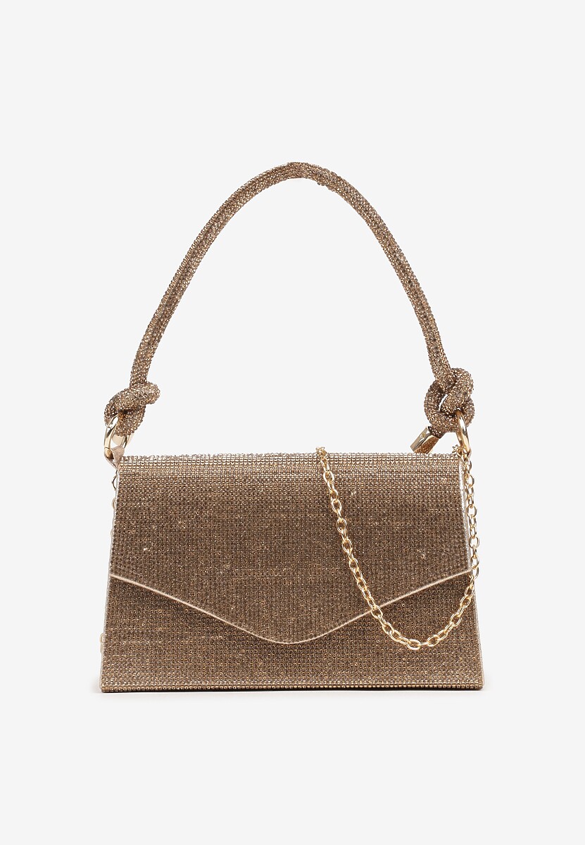 Złota Torebka Kopertówka Zdobiona Cyrkoniami z Łańcuszkiem Naliomea