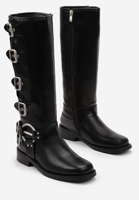 Czarne Kozaki Biker z Ozdobnymi Klamerkami i Kwadratowym Noskiem Vivao