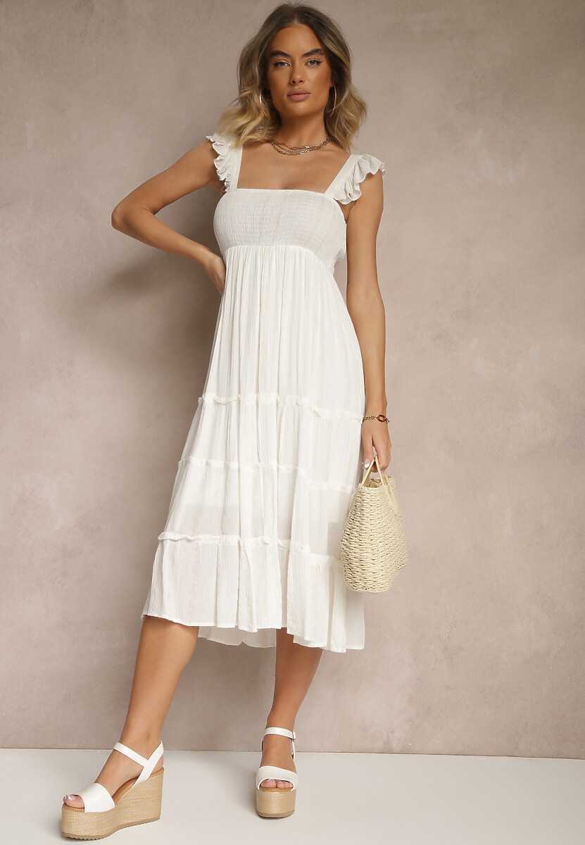 Biała Rozkloszowana Sukienka z Wiskozy z Metalicznymi Przeszyciami Iffaria