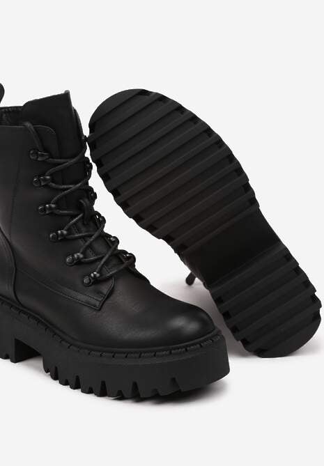 Czarne Sznurowane Botki Typu Worker na Masywnej Podeszwie Veranda