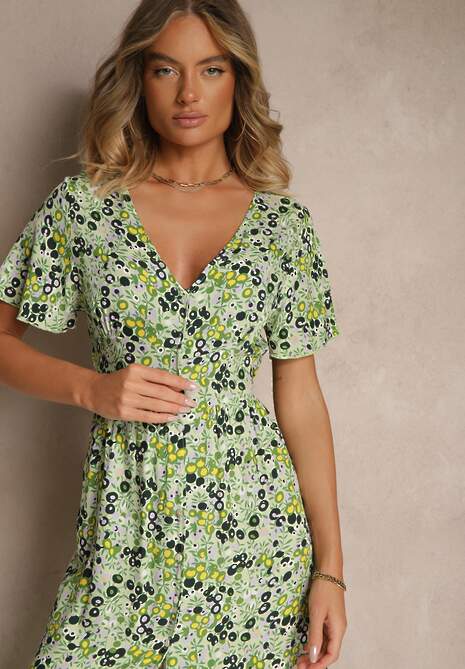 Zielona Wiskozowa Sukienka z Guzikami w Kwiecisty Wzór z Trójkątnym Dekoltem Neliafa