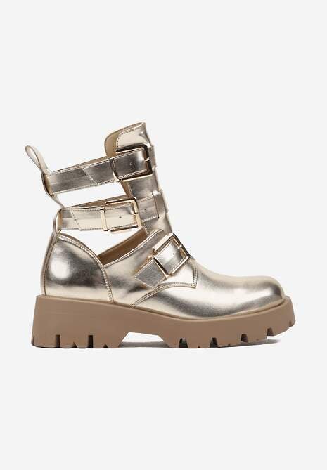 Złote Botki na Grubej Podeszwie Zdobione Wycięciami i Klamrami Seneona