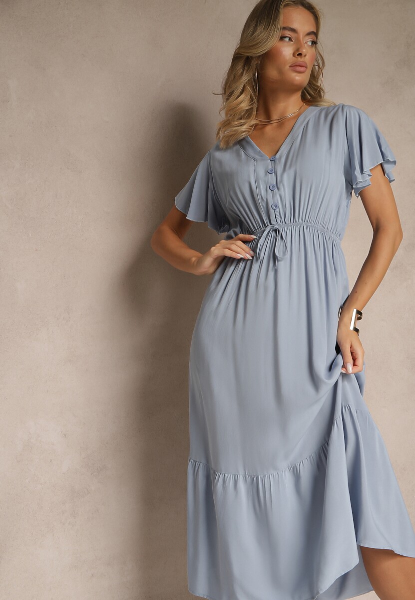 Niebieska Rozkloszowana Sukienka z Bawełny Zdobiona Guzikami Folennea