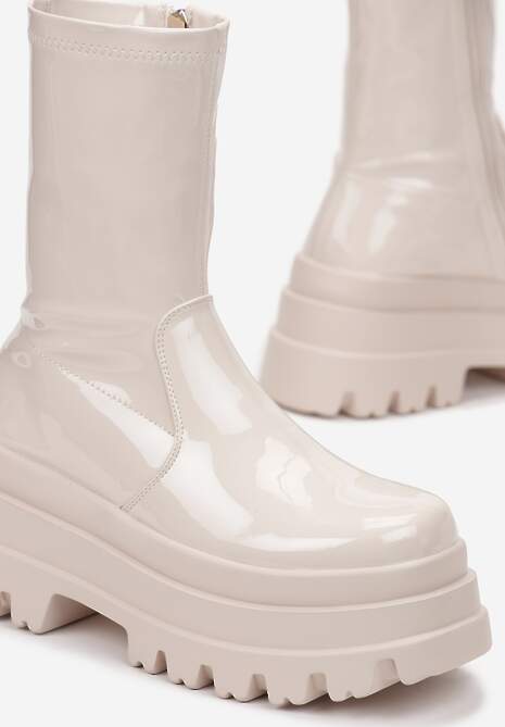 Beżowe Botki Lakierowane na Grubej Podeszwie Neafgi