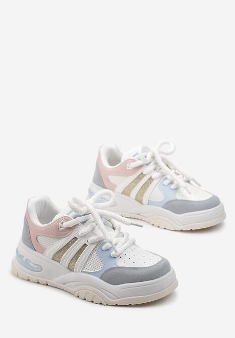 Biało-Niebieskie Sneakersy na Grubej Podeszwie z Brokatem Lenema