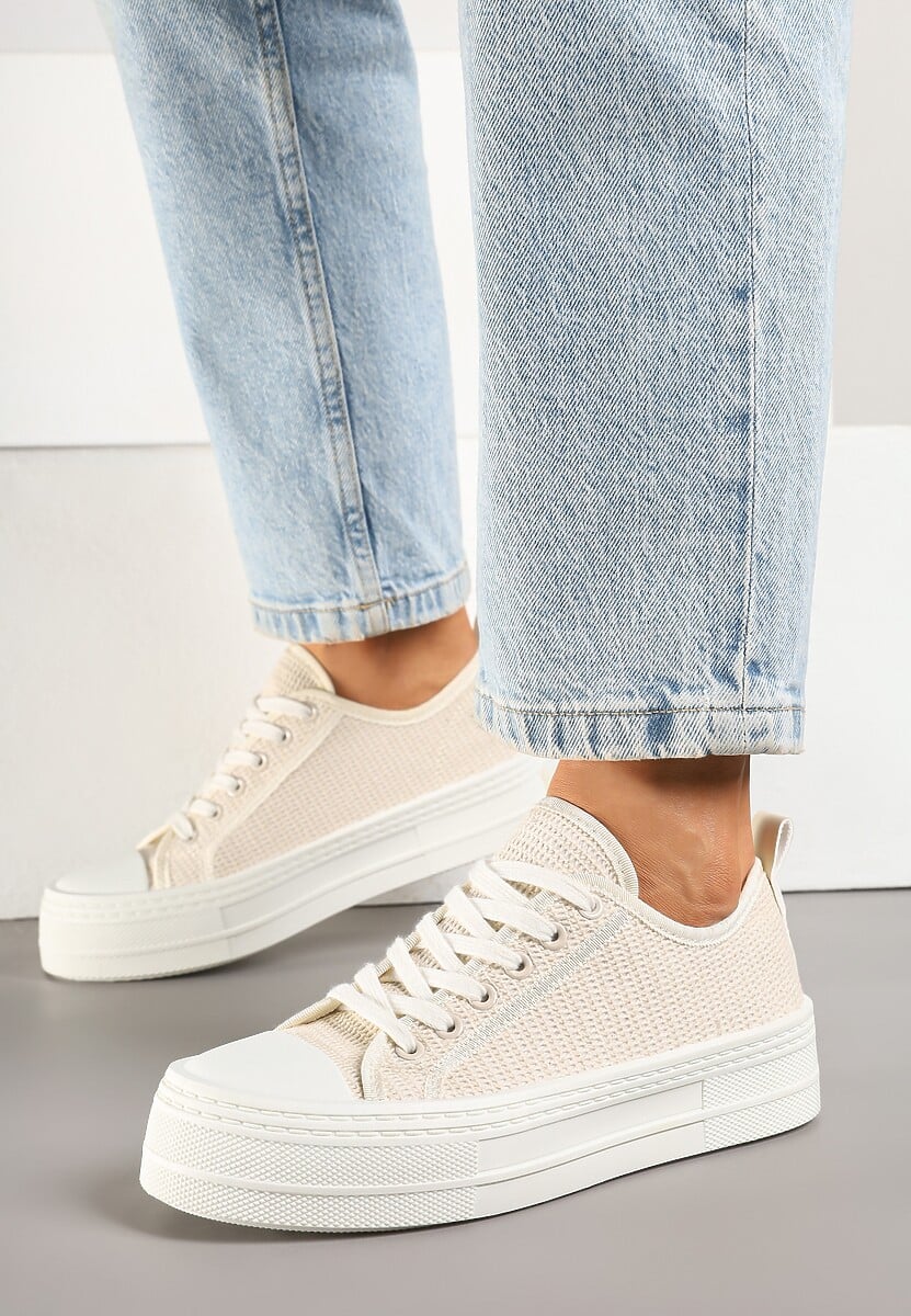 Beżowe Trampki na Platformie Ozdobione Plecionką Ronliera