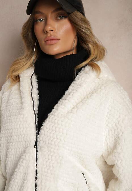 Biała Kurtka z Futerkiem Kapturem i Ściągaczami Deolie