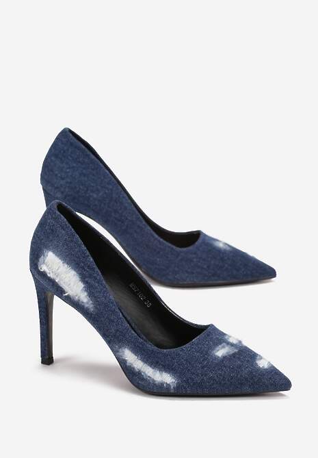 Granatowe Szpilki z Jeansowego Materiału z Przetarciami Halabi