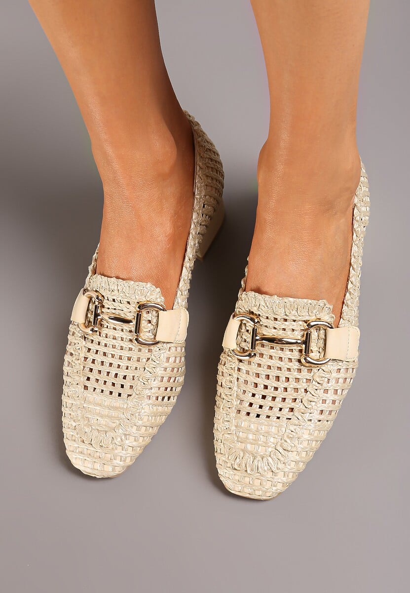 Beżowe Czółenka na Obcasie w Typie Mokasynów z Ażurową Plecioną Cholewką Effissa