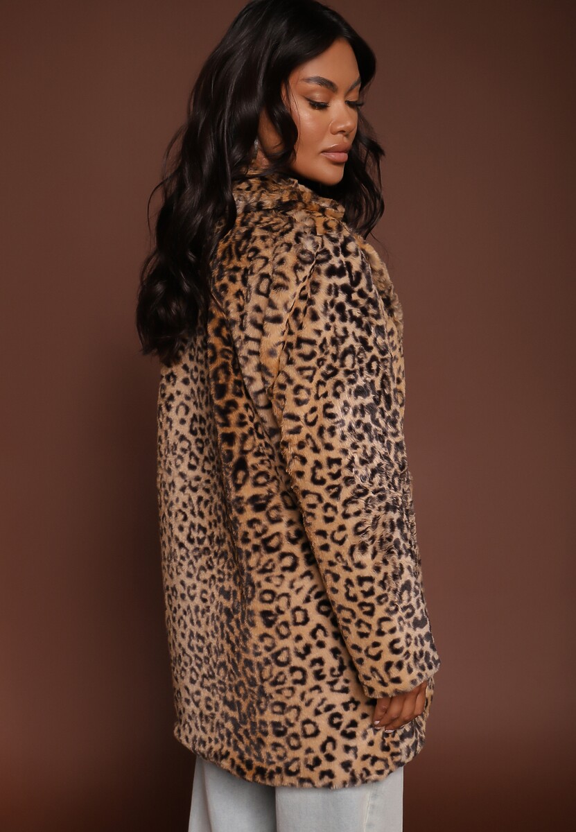 Beżowy Futrzany Płaszcz w Panterkę o Jednorzędowym Kroju z Kieszeniami Lorenciah