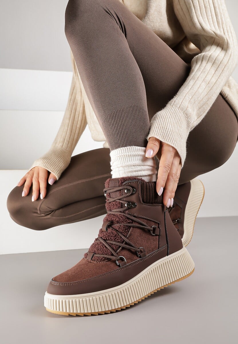 Beżowe Śniegowce Trapery Vices na Płaskiej Podeszwie z Futerkiem w Stylu Baranka ze Sznurowaniem Temirits