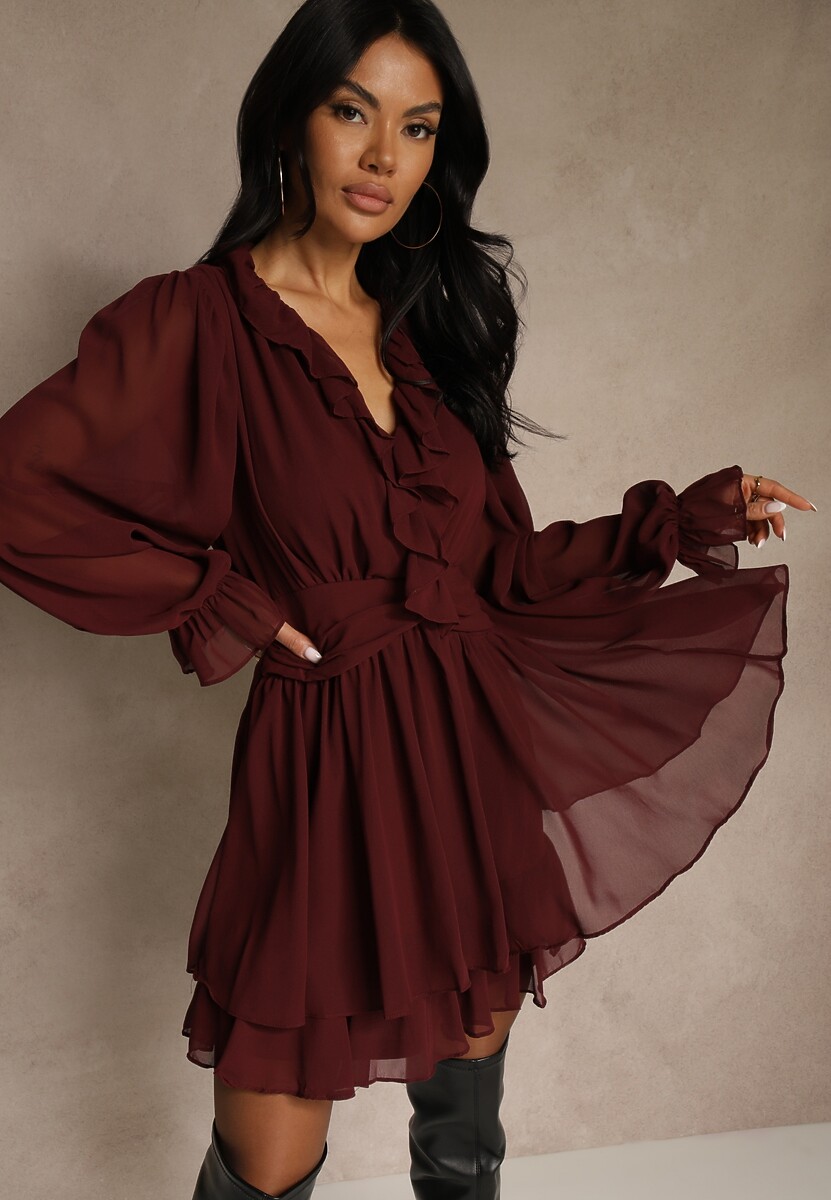 Ciemnobrązowa Siateczkowa Sukienka o Rozkloszowanym Fasonie z Falbankami Zenniria