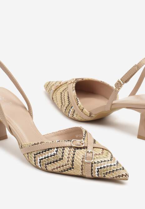 Ciemnobeżowe Sandały na Kaczuszce z Odkrytą Piętą o Ozdobnymi Sprzączkami Adivini