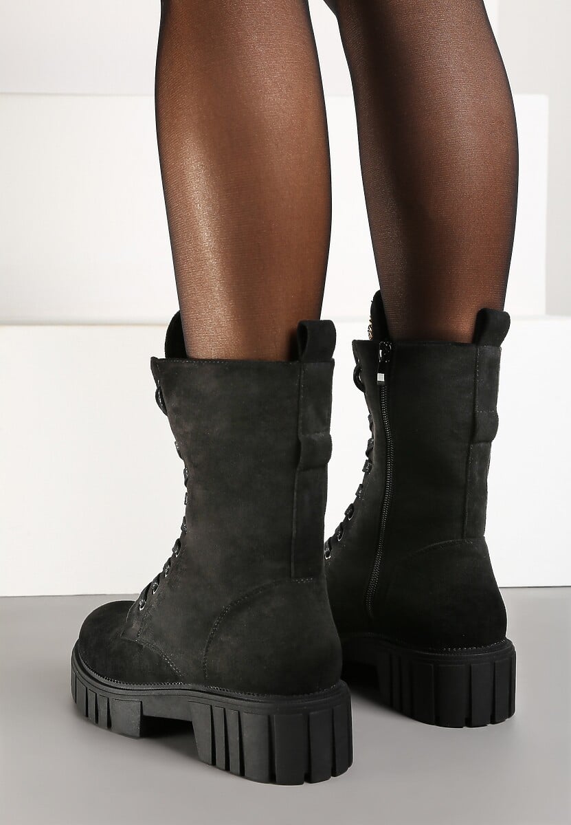 Czarne Sznurowane Botki w Stylu Workerów na Platformie z Tłoczeniem Ozdobione Cyrkoniami Ravetta