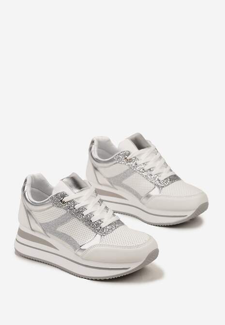 Biało-Srebrne Sneakersy na Grubej Podeszwie w Paski Zdobione Brokatem Selarissa