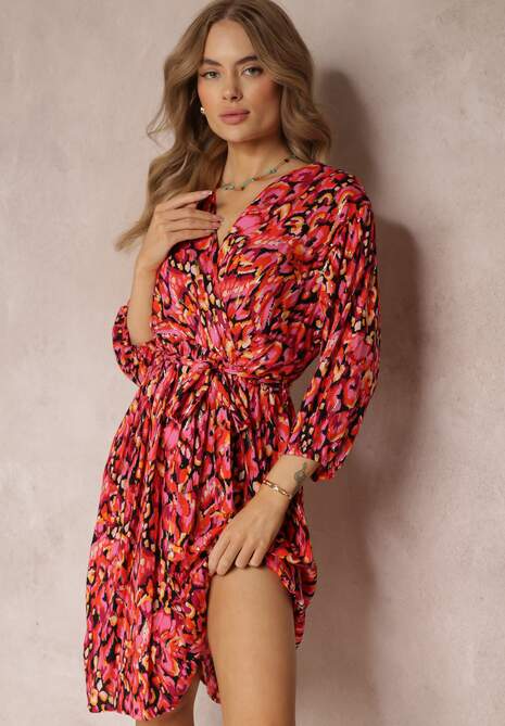 Czerwono-Czarna Kopertowa Sukienka Midi z Wiązanym Paskiem i Metaliczną Nitką Armellia