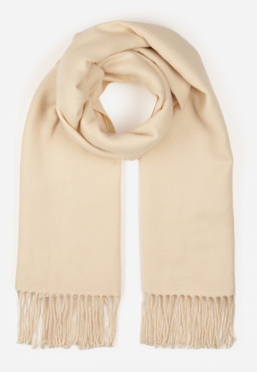 Jasnobeżowy Szalik z Bawełny i Wiskozy o Klasycznym Fasonie z Frędzlami Vetirosa