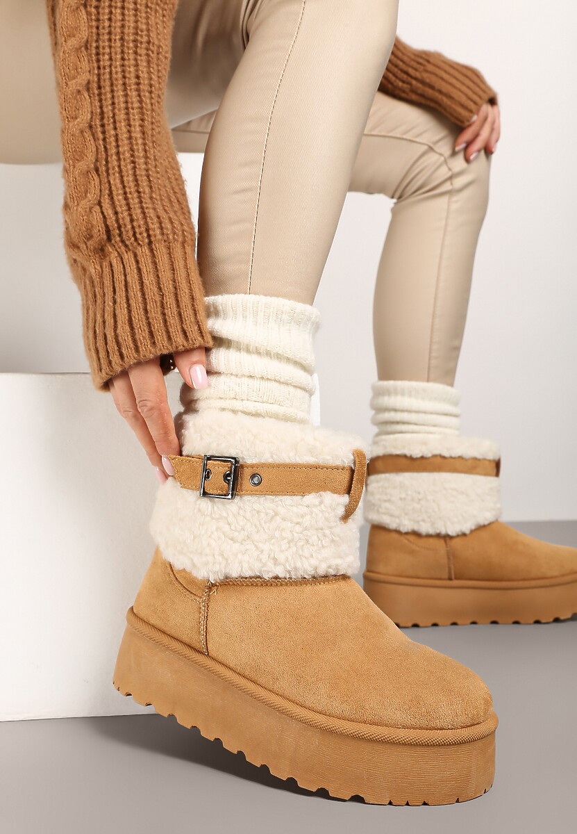 Brązowe Śniegowce na Platformie Ozdobione Metaliczną Klamrą i Futerkiem w Stylu Baranka Anelavia