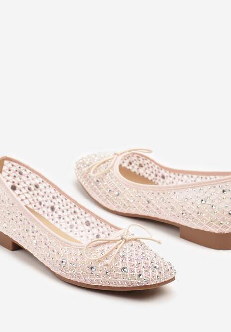 Różowe Balerinki z Siateczkową Cholewką Ozdobione Cyrkoniami i Kokardą Abbona