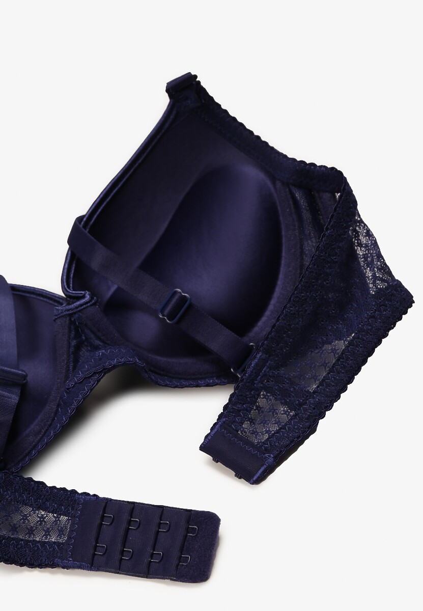 Granatowy Push-Up Biustonosz Koronkowy na Regulowanych Ramiączkach Lunetia