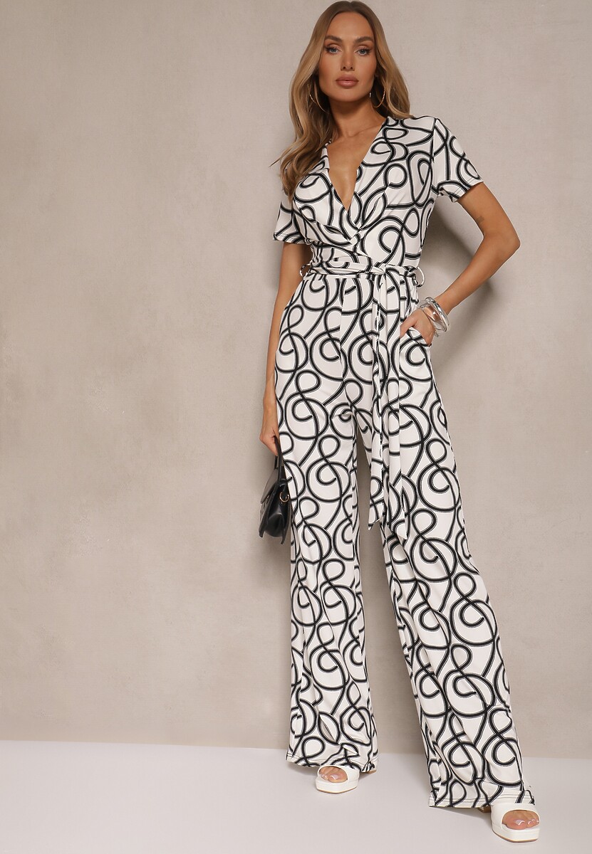 Niebieski Kopertowy Kombinezon z Wiskozą Zdobiony Abstrakcyjnym Printem Evivola