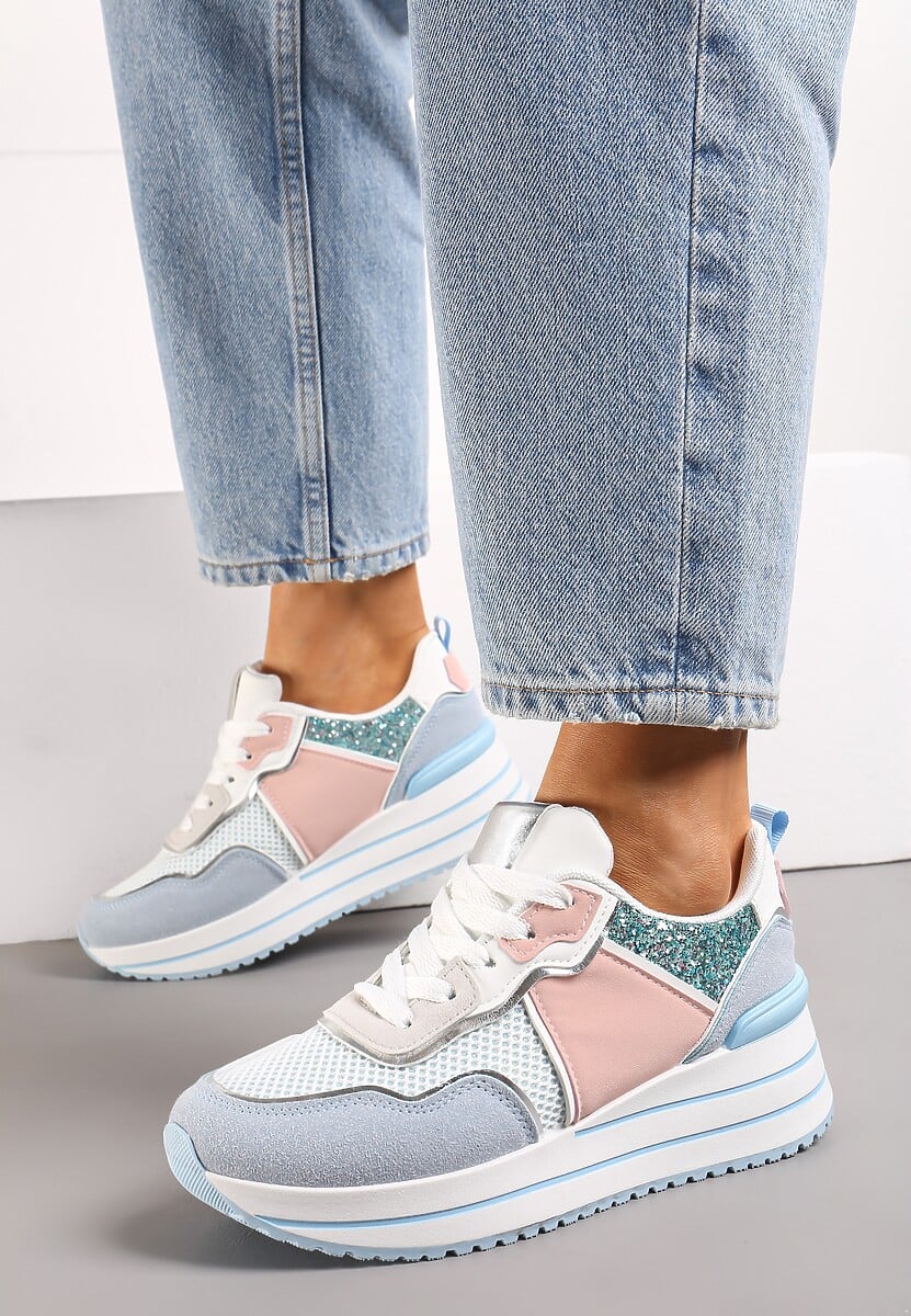 Niebieskie Sneakersy na Niskiej Platformie ze Wstawkami z Brokatu Quinnes