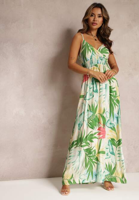 Beżowa Rozkloszowana Sukienka Maxi w Kwiaty Vadin