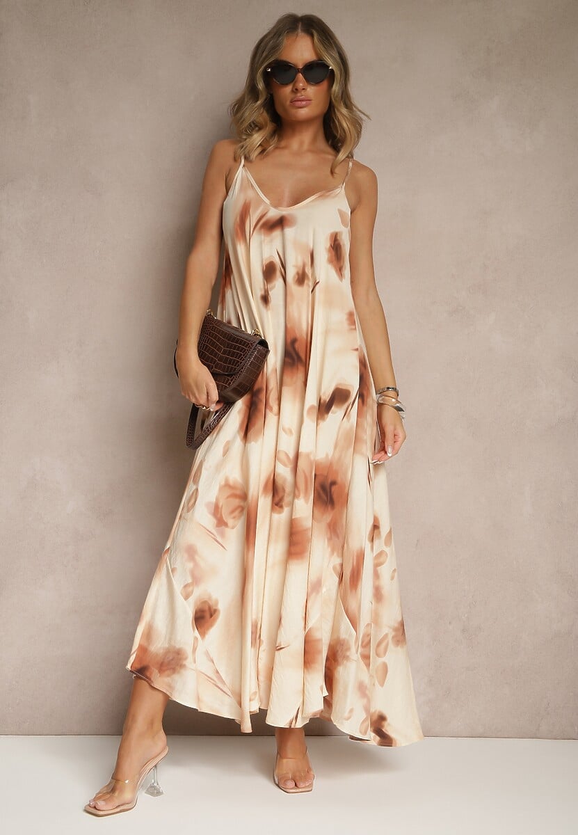 Beżowa Sukienka z Wiskozy Ozdobiona Abstrakcyjnym Wzorem Nilluna