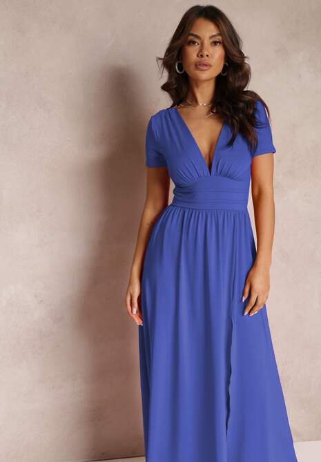 Granatowa Sukienka Maxi z Rozkloszowanym Dołem i Rozcięciem Zarya