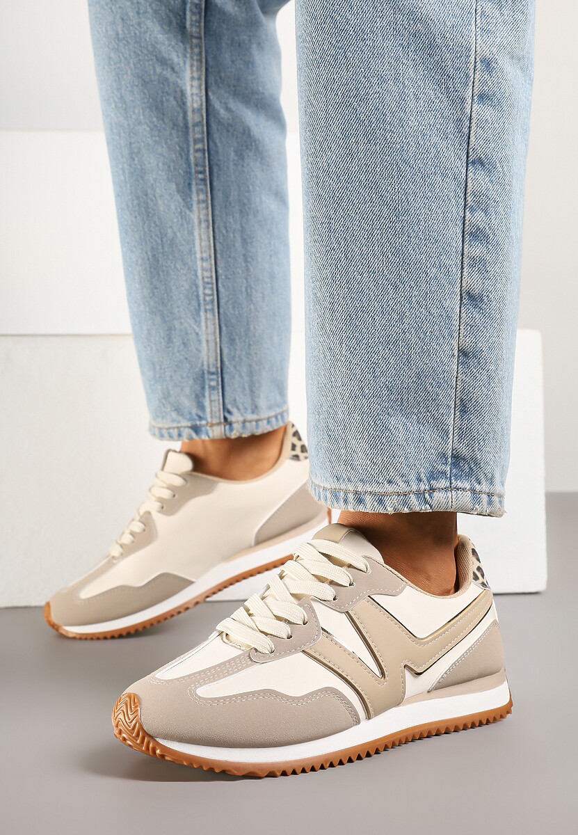 Beżowe Sneakersy z Geometrycznym Wzorem i Metaliczną Wstawką Zolio