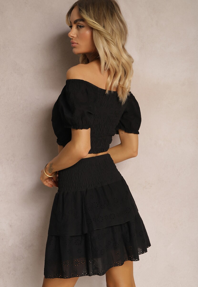 Czarny Komplet z Bawełny z Ażurowym Motywem Spódnica z Falbanami oraz Gumką w Talii High Waist i Krótka Bluzka Ozdobiona Ściągaczem Aricella