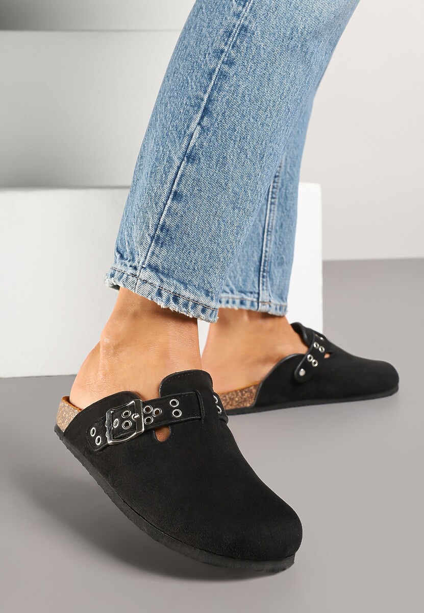 Czarne Klapki w Typie Muli Chodaków ze Sprzączką Lanelita