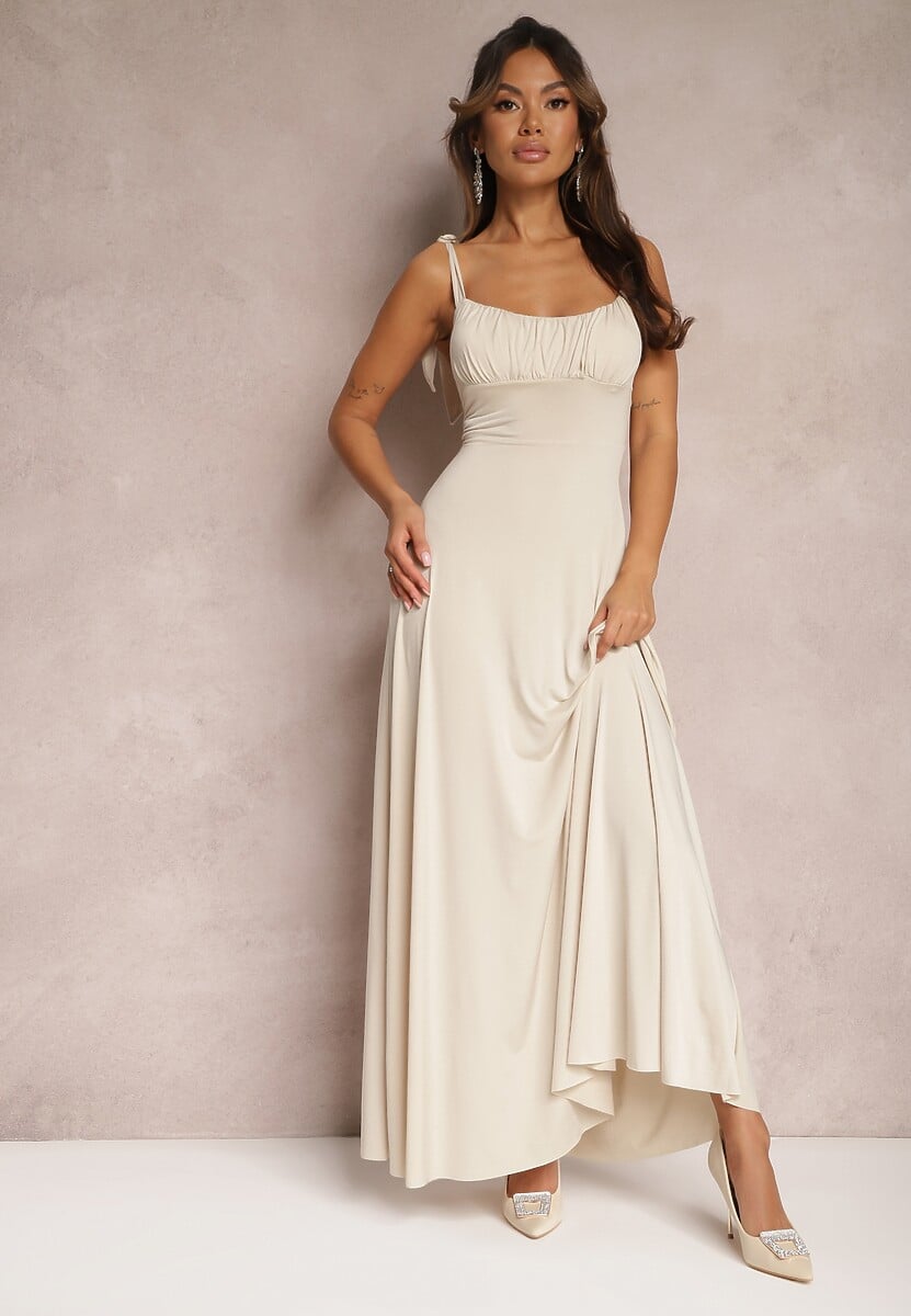 Beżowa Długa Sukienka z Marszczonym Dekoltem i Wiązanymi Ramiączkami Rozvita
