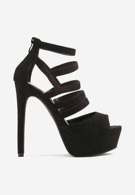 Czarne Sandały Szpilki na Platformie Ozdobione Paskami Naniel