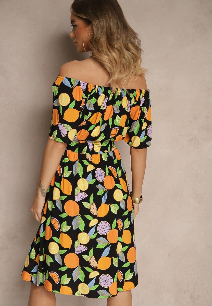Czarna Sukienka Typu Hiszpanka z Bawełną ze Wzorem Cytrusów Aprona