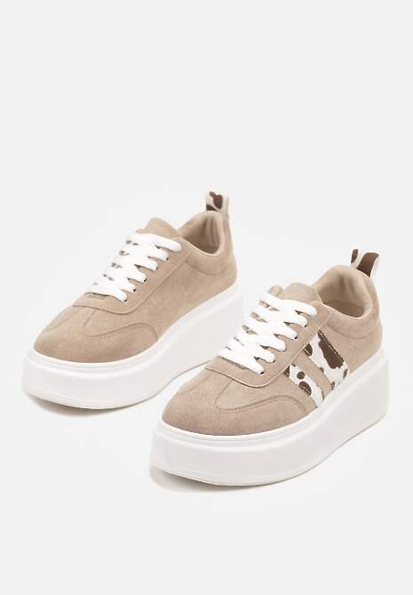 Ciemnobeżowe Sneakersy Klasyczne Tenisówki na Grubej Podeszwie z Koturnem i Paskami Ozdobionymi Printem  w Łaty Adessia