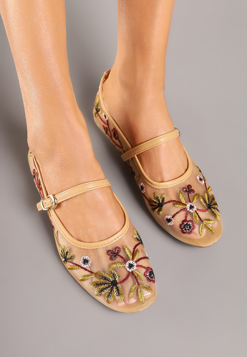 Beżowe Siateczkowe Balerinki z Florystycznym Haftem i Paskiem na Sprzączkę Danirna