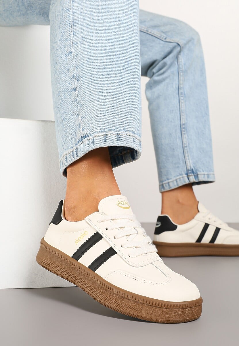 Beżowo-Czarne Sneakersy Sportowe z Ozdobnymi Paskami i Przeszyciami Wenilan