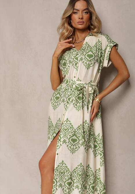Zielono-Beżowa Sukienka Boho na Guziki z Wiskozą Ozdobiona Paskiem Mosofia