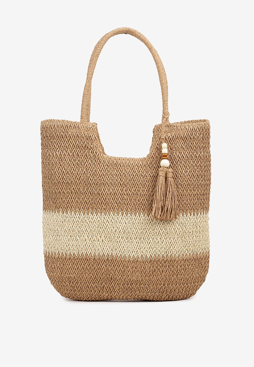 Ciemnobeżowa Pleciona Torebka z Frędzlem w Stylu Boho Rineriela