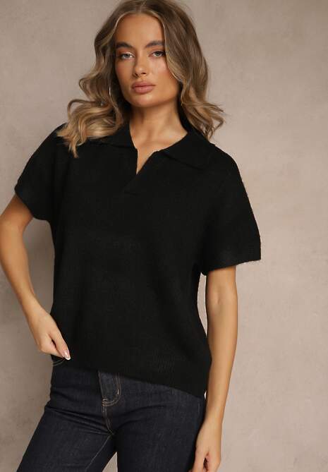 Czarny Sweter z Wełną z Krótkim Rękawem i Dekoltem V z Kołnierzem Tevirna