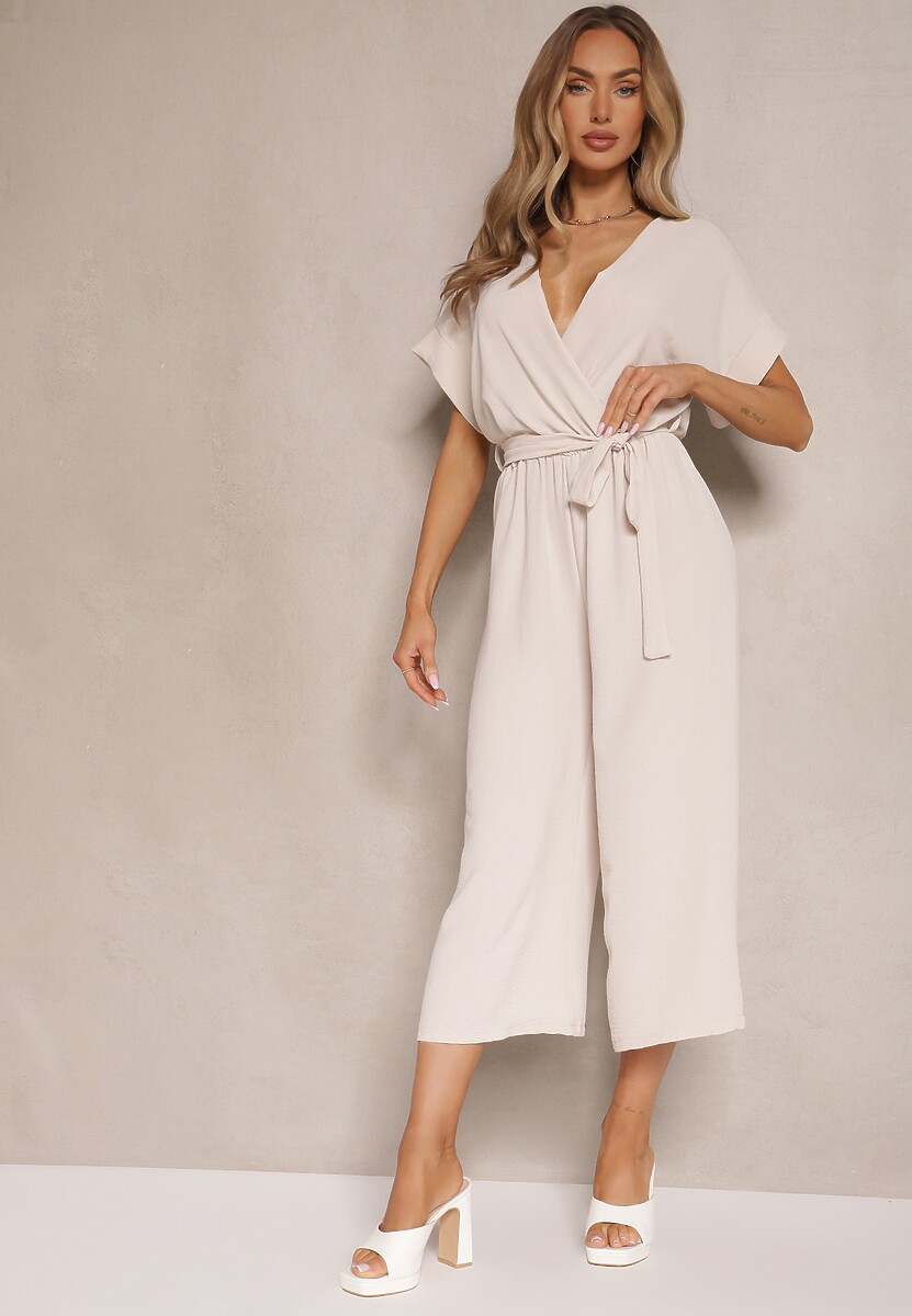 Różowy Kopertowy Kombinezon o Prostym Kroju z Wiązanym Paskiem Tevenea