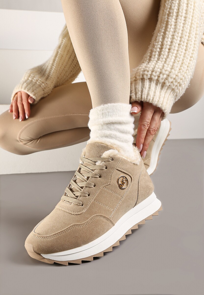 Ciemnobeżowe Ocieplane Sneakersy na Platformie Appopis
