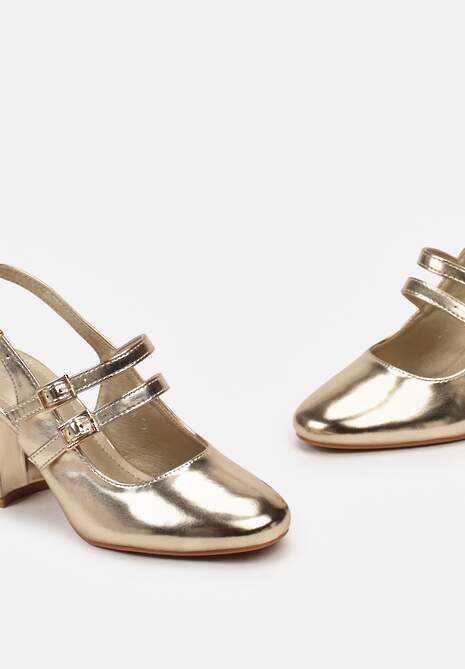 Złote Czółenka na Obcasie Ozdobione Cienkimi Paskami Okaria