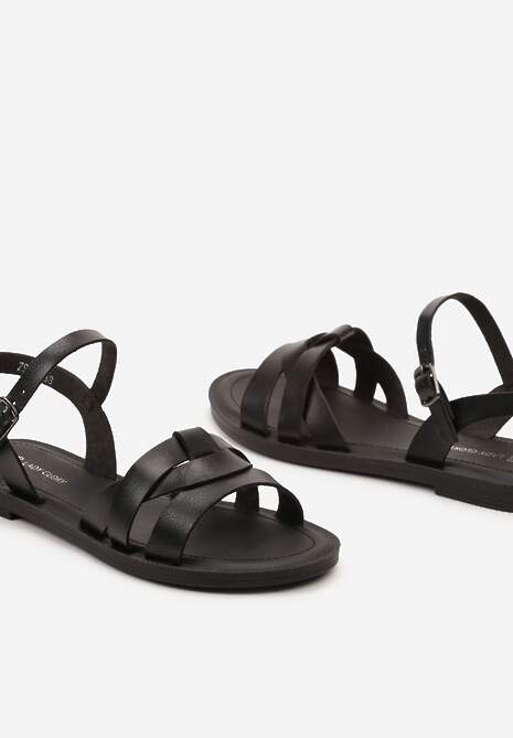 Czarne Sandały z Imitacji Skóry na Płaskiej Podeszwie Zapinane na Sprzączkę Javera