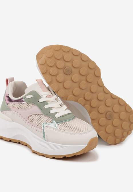 Beżowo-Zielone Sneakersy Ozdobione Metalicznym Zdobieniem Worsemi