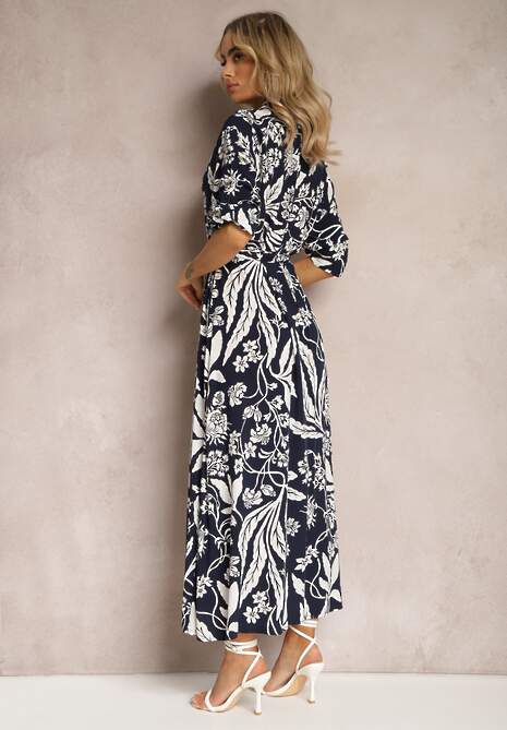 Granatowo-Biała Sukienka o Długim Koszulowym Fasonie z Wzorem w Kwiaty Seraplle