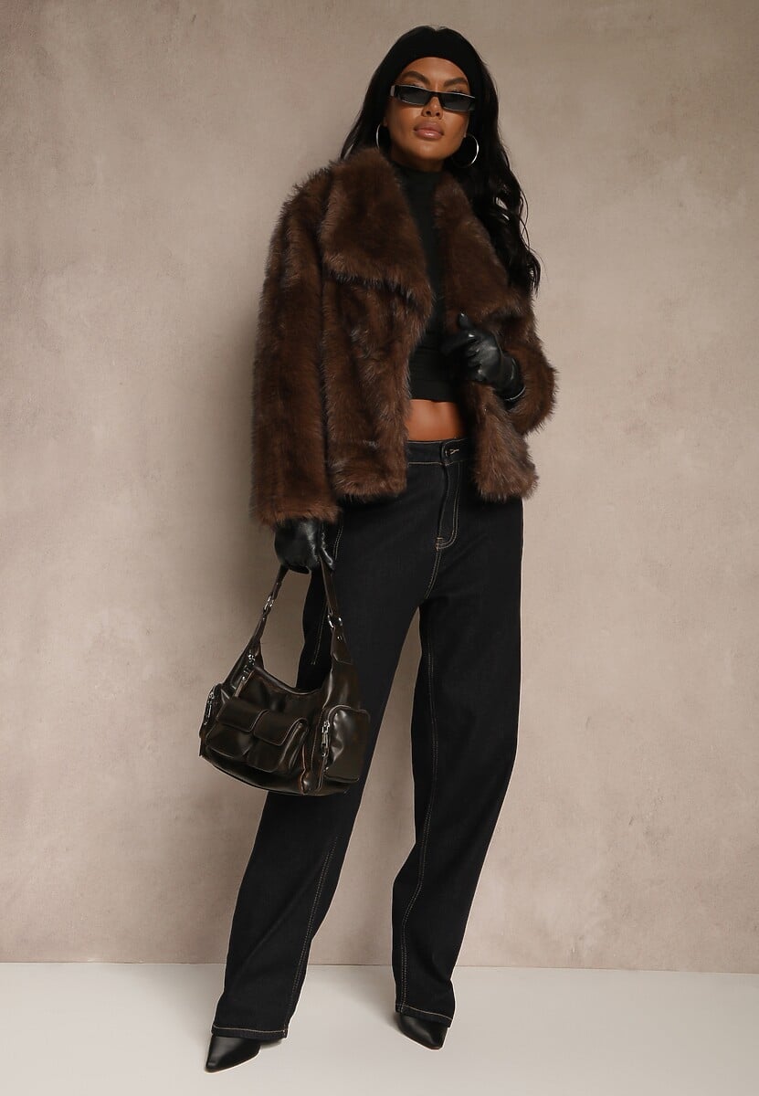 Beżowa Kurtka Futrzana Ozdobiona Kołnierzem Avelire