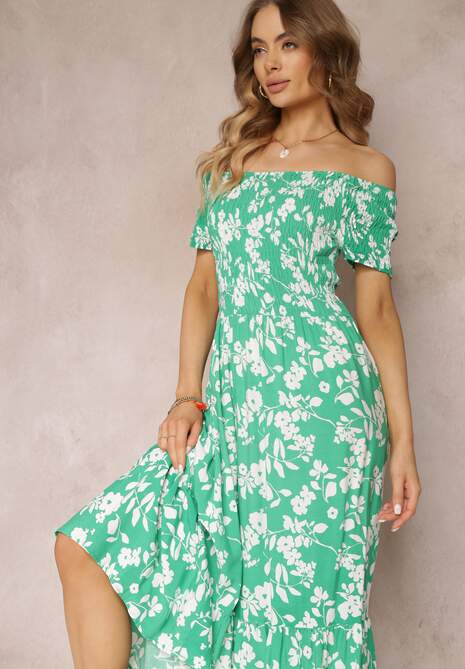 Zielona Rozkloszowana Sukienka Maxi z Hiszpańskim Dekoltem w Kwiaty Zevana